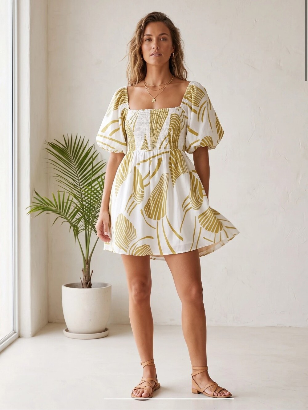 Urban Revivo Abstract Shell Print Mini Smock Dress Puff Sleeve Womens Medium - Picture 1 of 11